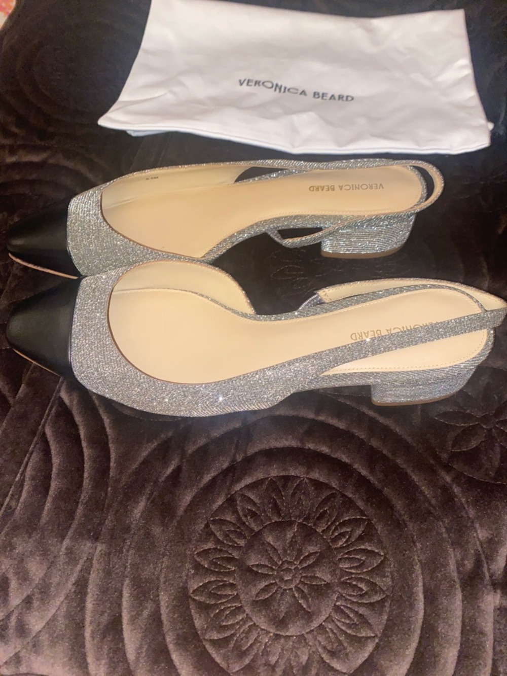 Veronica Beard Silver Glitter Slingback Flats with Black Cap Toe - Picture 3 of 15